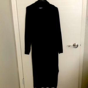 Black cotton knit turtle neck midi dress